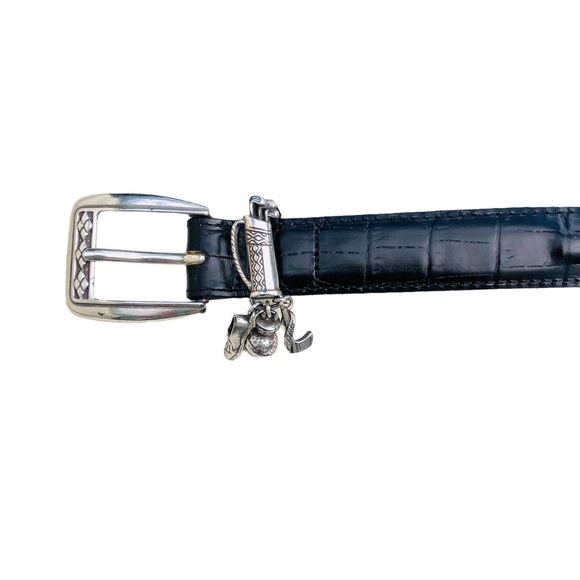 Brighton black textured leather golf belt with 3 charms and reptile skin Sz S/28 - Picture 7 of 16